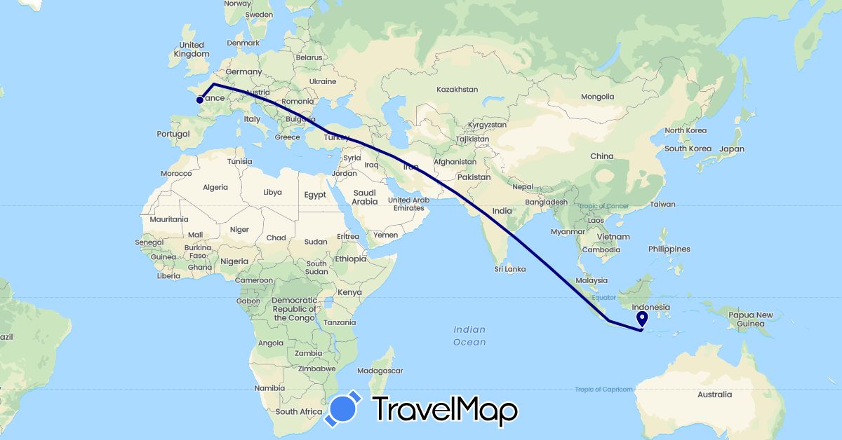 TravelMap itinerary: driving in France, Indonesia, Turkey (Asia, Europe)